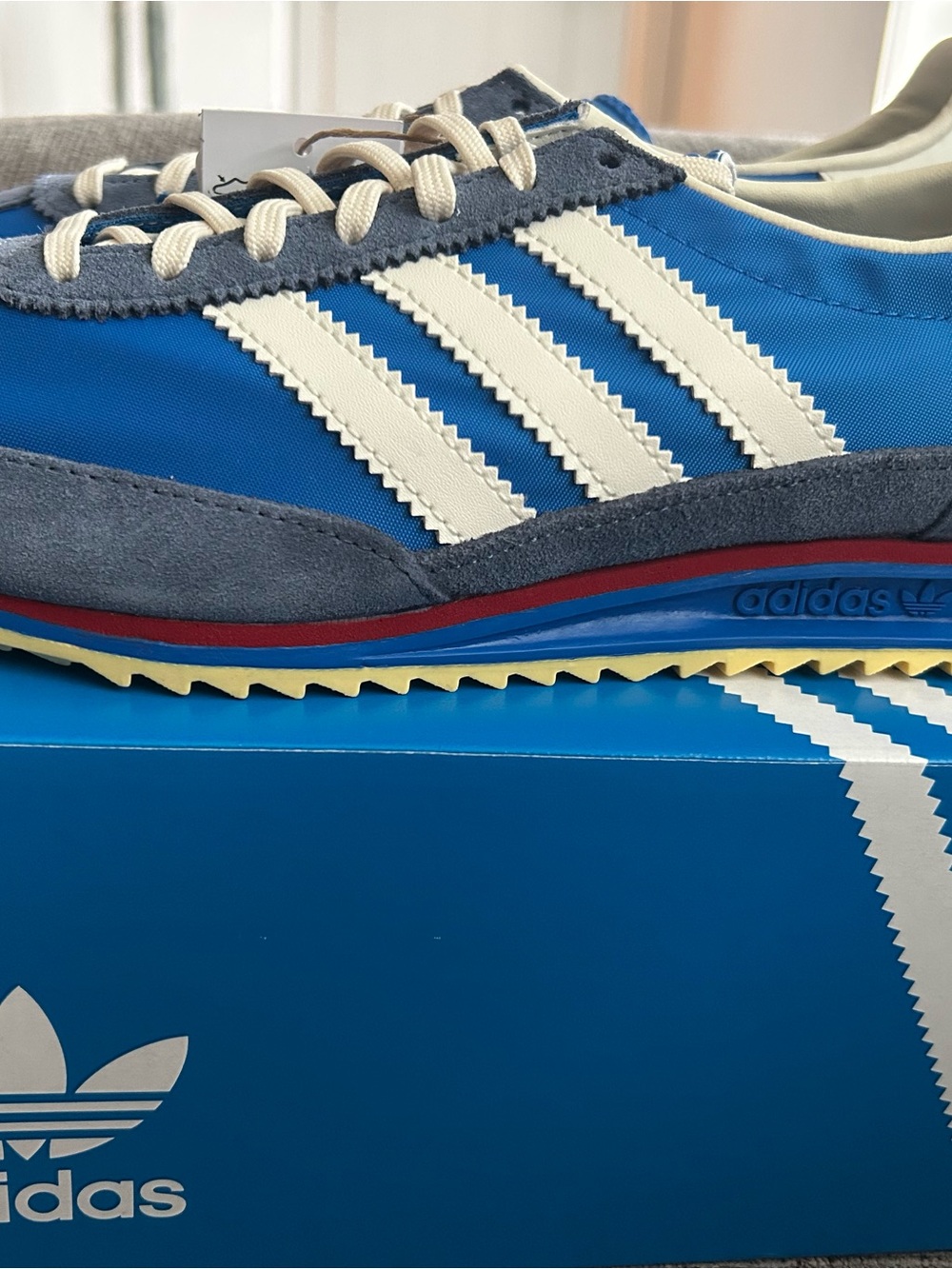 adidas Men’s Blue and Gray Retro Running Sneakers with White Stripes